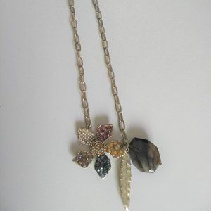 vintage 90s floral feather stone pendant charm necklace